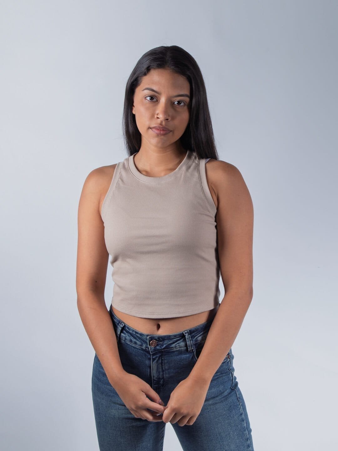Camiseta Beige Rib Slim Lar Dama