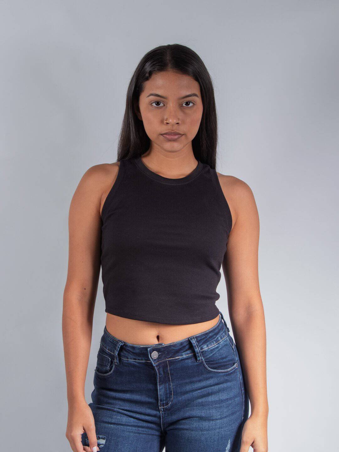 Camiseta Negro Rib Slim Lar Dama