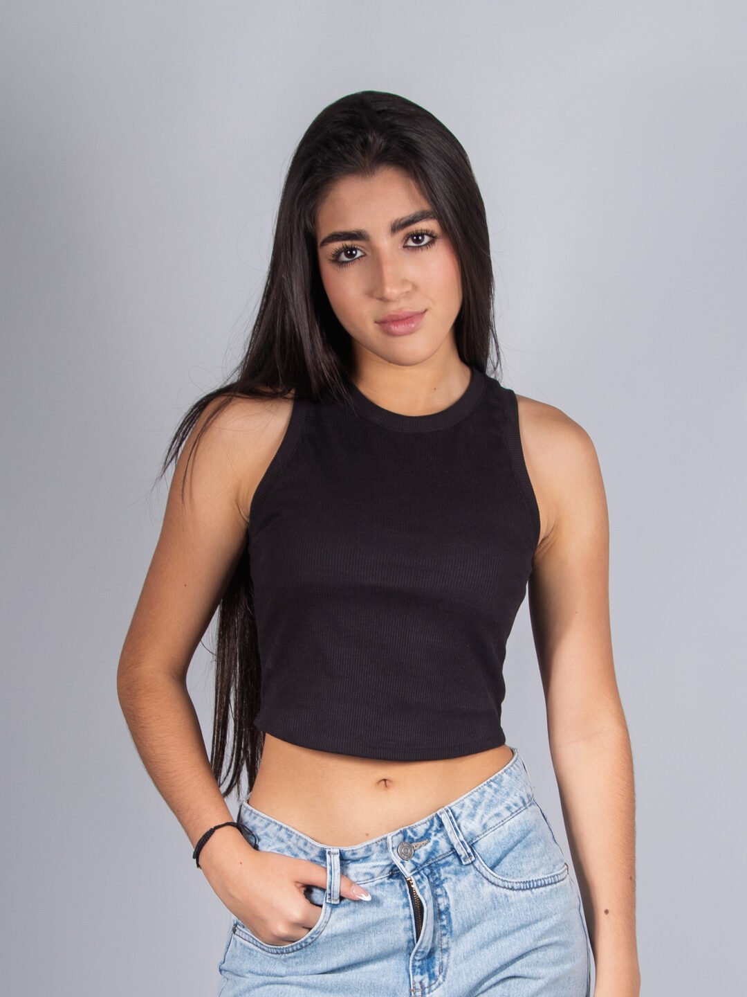 Camiseta Negra Rib Slim Lar Dama